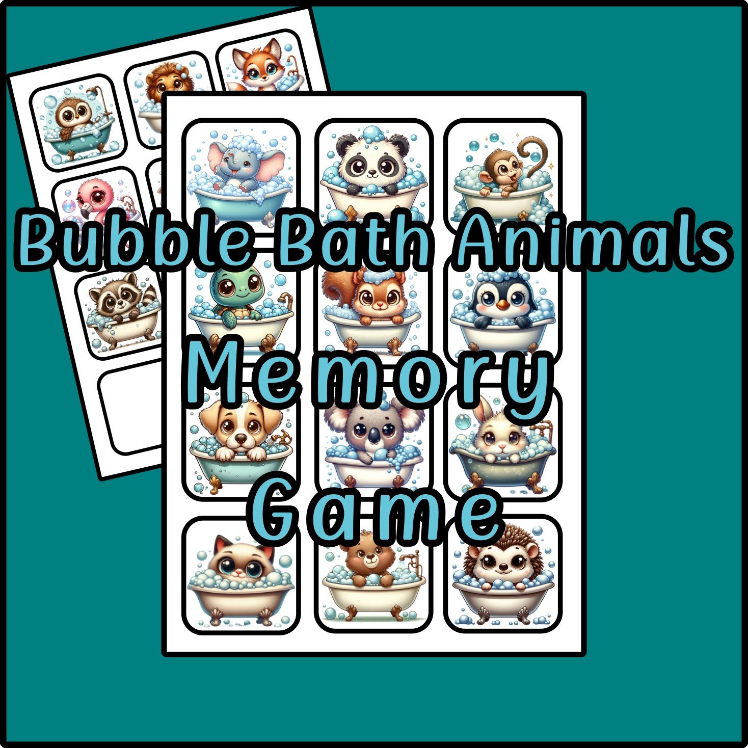 Bubble Bath Animals Memory Game Printable - 20 Images