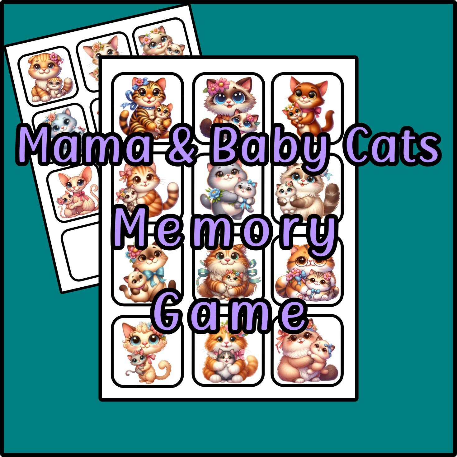 Mama and Baby Cats Memory Game Printable - 20 Images